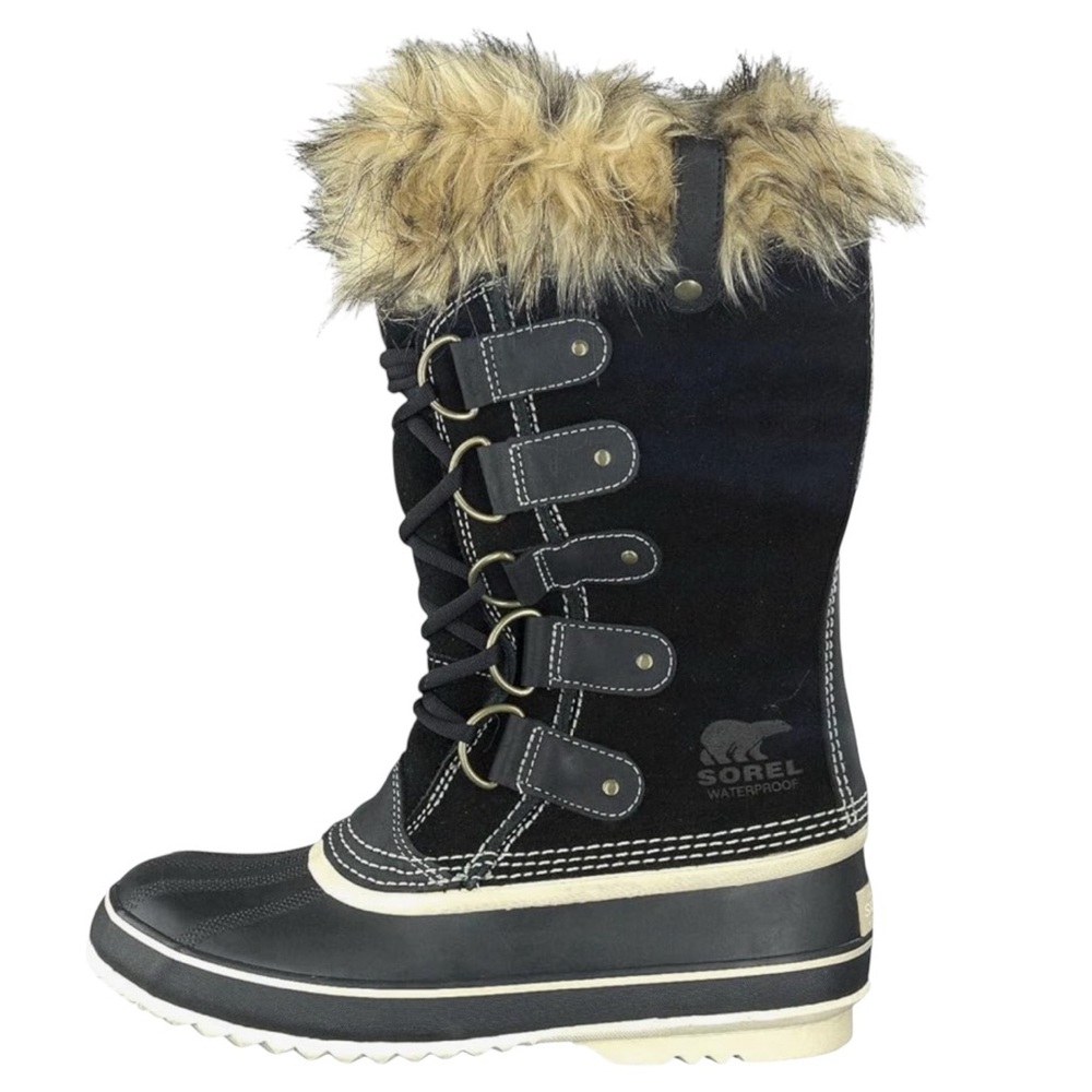 Sorel Joan of Arctic Suede Leather Black and Tan Fur-Trimmed Snow Boots